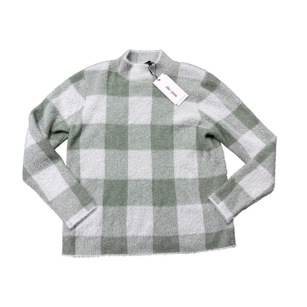 Chloe + Jasmine Sweater Womens XL Green White NWT Fuzzy Plaid Mock Neck Pullover